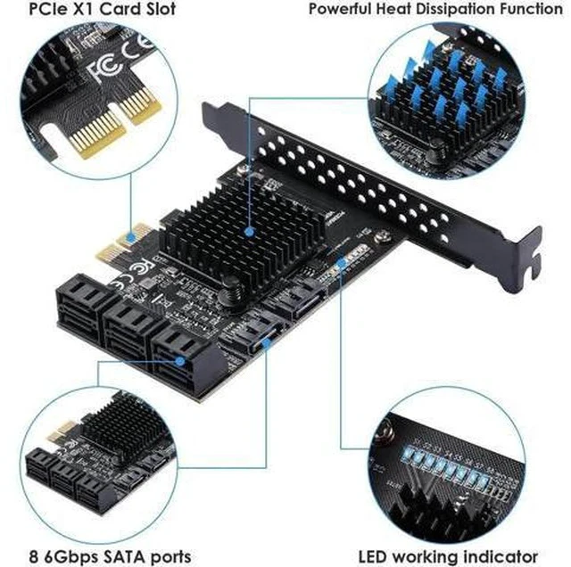 Alt view image 5 of 7 - PCIe 3.0 X1 SATA Expansion Card 8 Ports 6Gbps, ASM1064+JMB575 Chipset with 8 SATA Cables, Power Splitter & Low Profile Bracket