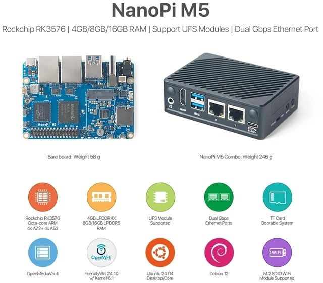 Alt view image 3 of 6 - NanoPi M5 - RK3576 SOC, Dual Gigabit Ethernet, 4/8/16GB RAM, UFS, AI Deployment, M.2 SDIO WiFi, 4K@60Hz, OpenMediaVault (LPDDR5 8GB RAM,with Case & Power & TF Card)