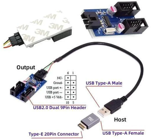 Alt view image 6 of 7 - 1-to-2 USB 2.0 Motherboard 9Pin/10Pin Header Splitter Cable, Internal Front Panel USB Hub Extension Adapter with USB Type-E Converter for Desktop PC Case Modding