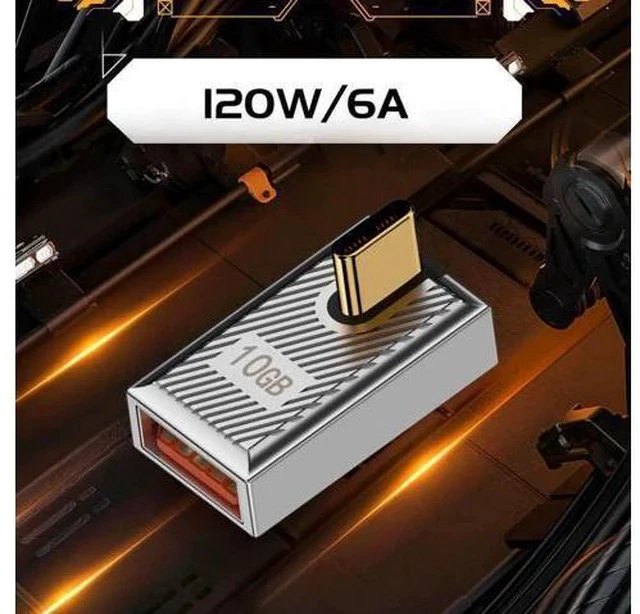Alt view image 2 of 7 - 90 Degree Low Profile USB-C Male to USB 3.0 A Female OTG Adapter, 10Gbps USB3.1 Gen2 Data Transfer 120W PD Fast Charging, Zinc Alloy Shell Mecha Cyberpunk Angled Converter for Laptop Phone Tablet Stea