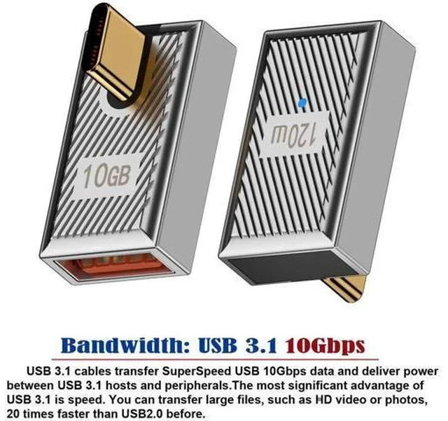 Alt view image 3 of 7 - 90 Degree Low Profile USB-C Male to USB 3.0 A Female OTG Adapter, 10Gbps USB3.1 Gen2 Data Transfer 120W PD Fast Charging, Zinc Alloy Shell Mecha Cyberpunk Angled Converter for Laptop Phone Tablet Stea