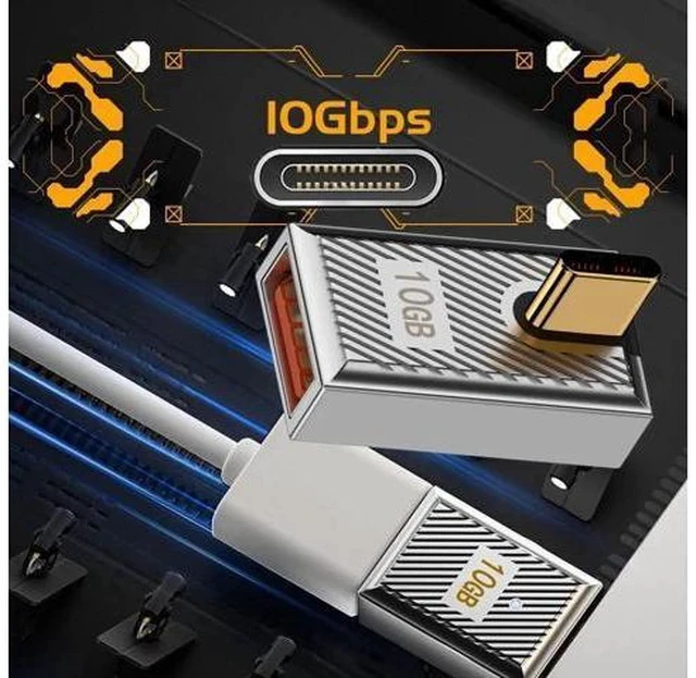 Alt view image 4 of 7 - 90 Degree Low Profile USB-C Male to USB 3.0 A Female OTG Adapter, 10Gbps USB3.1 Gen2 Data Transfer 120W PD Fast Charging, Zinc Alloy Shell Mecha Cyberpunk Angled Converter for Laptop Phone Tablet Stea