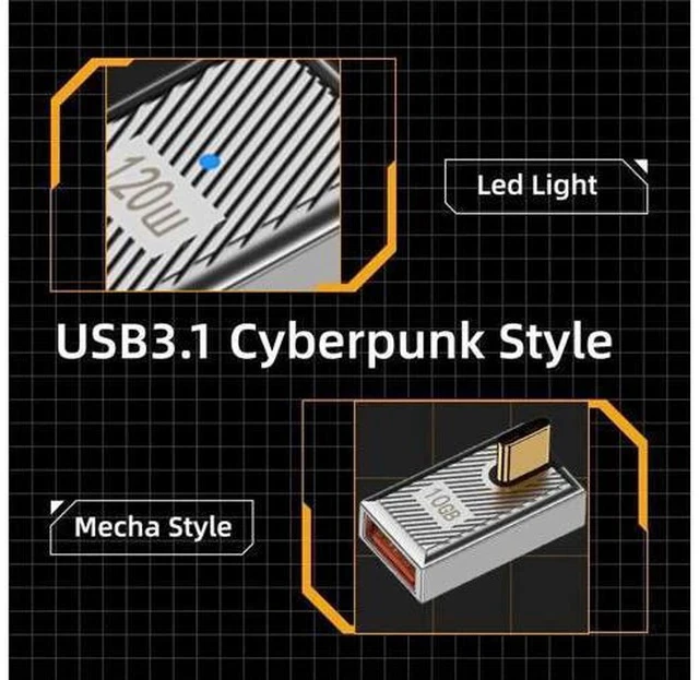 Alt view image 5 of 7 - 90 Degree Low Profile USB-C Male to USB 3.0 A Female OTG Adapter, 10Gbps USB3.1 Gen2 Data Transfer 120W PD Fast Charging, Zinc Alloy Shell Mecha Cyberpunk Angled Converter for Laptop Phone Tablet Stea