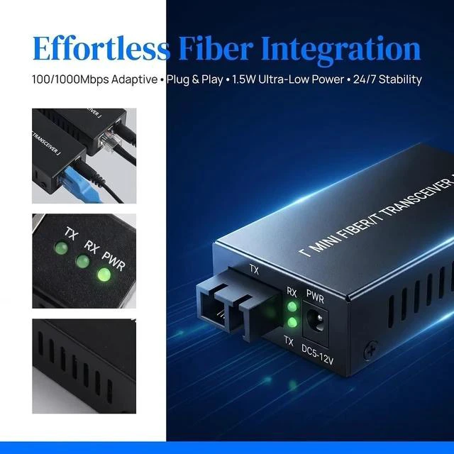 Alt view image 5 of 7 - Gigabit Fiber Optical Media Converter Network Transceiver 100/1000Mbps | MINI; 1.25G; Auto-Negotiation, Single-mode; 20Km Transmission; SC/UPC,SC/APC to RJ45; US Power Adapter