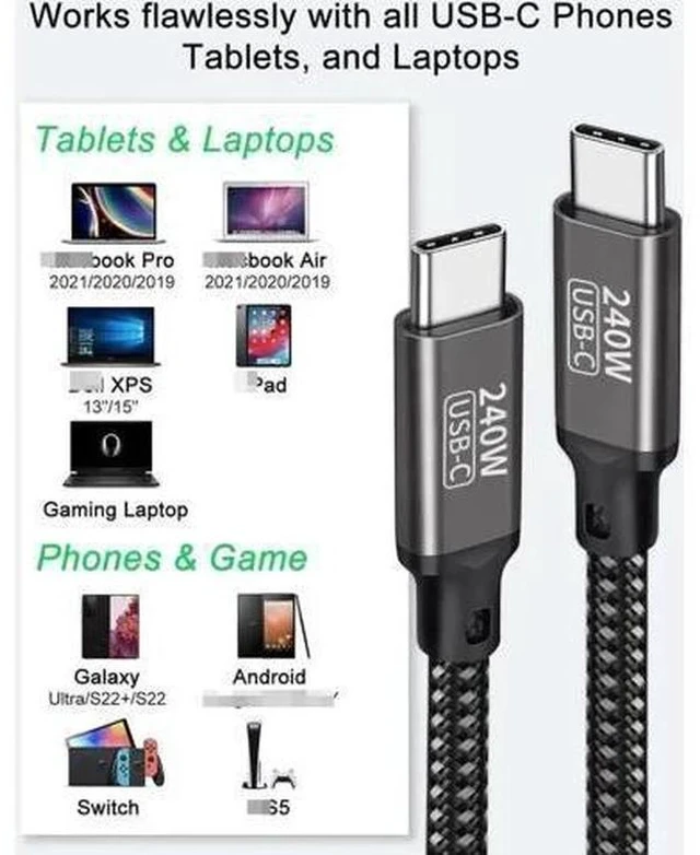 Alt view image 2 of 7 - 2M/6.6FT Nylon Braided USB-C to USB-C Cable | PD3.1 240W(48V 5A) Super Fast Charging Cord Compatible with MacBook Pro, iPad Pro, Galaxy S22/A10 & All USB-C Devices