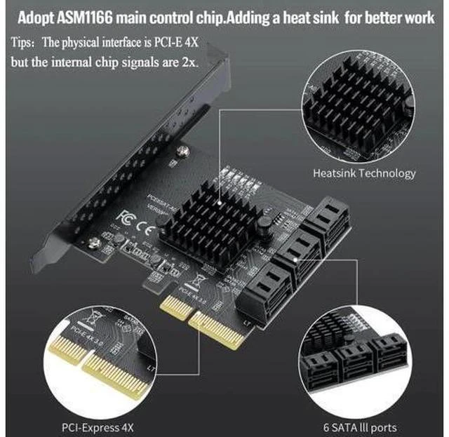 Alt view image 5 of 7 - PCIe 4X to 6 SATA Expansion Card, 6Gbps SATA3.0 Controller with LED Indicator, 6 SATA Cables & 15PIN Power Cable for Windows Linux