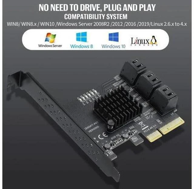 Alt view image 6 of 7 - PCIe 4X to 6 SATA Expansion Card, 6Gbps SATA3.0 Controller with LED Indicator, 6 SATA Cables & 15PIN Power Cable for Windows Linux