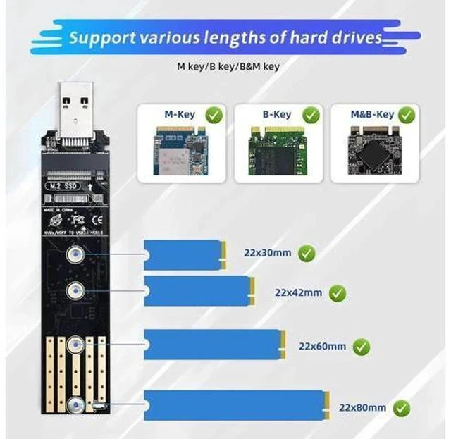 Alt view image 3 of 7 - Dual Protocol M.2 to USB Adapter Enclosure, USB3.1 Gen2 10Gbps, Supports NVMe M-Key & SATA B+M-Key SSD, UASP Accelerated, Up to 4TB, Fits 2230/2242/2260/2280