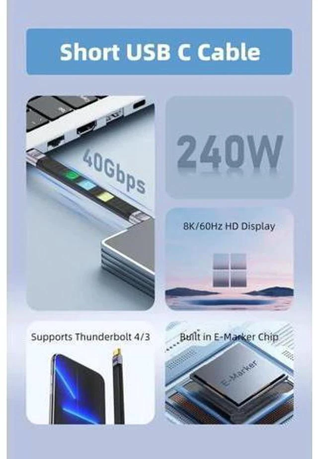 Alt view image 5 of 7 - 5.3 Inch Short USB4 USB-C to USB-C Cable | 240W PD Fast Charging, 40Gbps Data, 8K@60Hz Video, Compatible with Thunderbolt 3/4, Laptops, Tablets & Smartphones