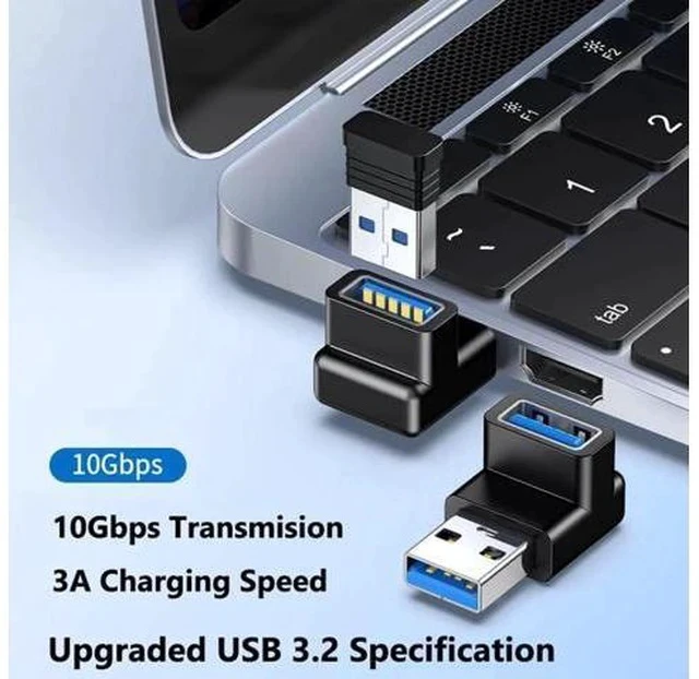 Alt view image 7 of 7 - 4 Pack 90 Degree Right Angle USB 3.0/3.1 A Male to Female Adapter, Up & Down Elbow 10Gbps Data Transfer 3A Fast Charging Connector for PC, Desktop, Laptop, USB Hub & USB Charger