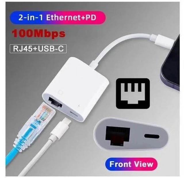 Alt view image 5 of 7 - 2-in-1 USB-C to RJ45 Ethernet Adapter with PD Charging, 100Mbps Wired Network Converter Supports Data & Power Pass-Through for Laptops, Tablets, Smartphones