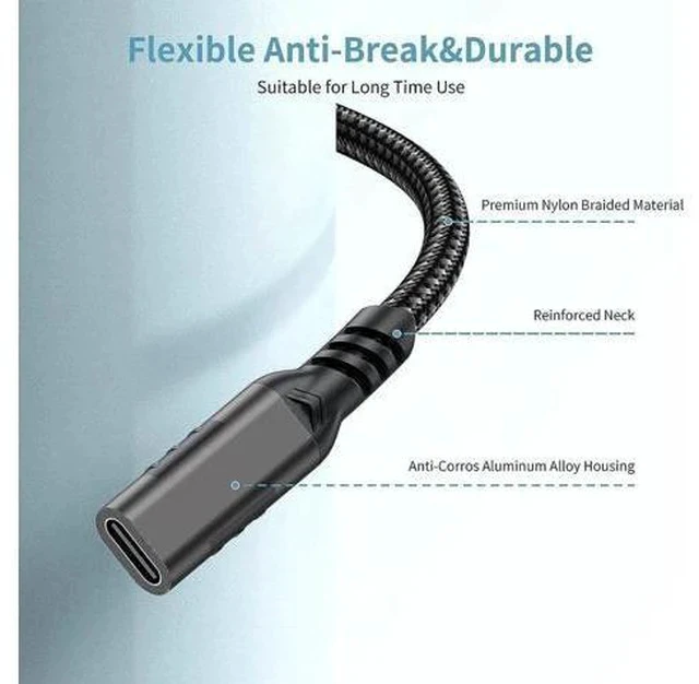 Alt view image 2 of 7 - 3M/10FT Nylon Braided USB-C Extension Cable Male to Female, USB 3.2 Gen2 Extender Cord Support 10Gbps Data, 100W PD Fast Charging, 4K@60Hz Video for MacBook, Laptops & Phones