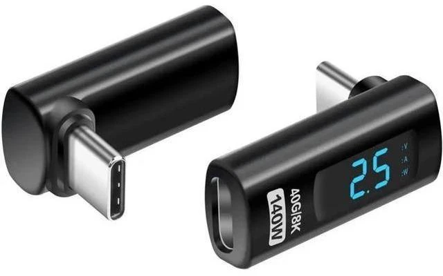Main image of 90 Degree L-Shaped USB-C Male to Female Adapter with LED Digital Display, 140W PD Fast Charging & 40Gbps Data Transfer, Real-Time Voltage Current Power Tester Detector