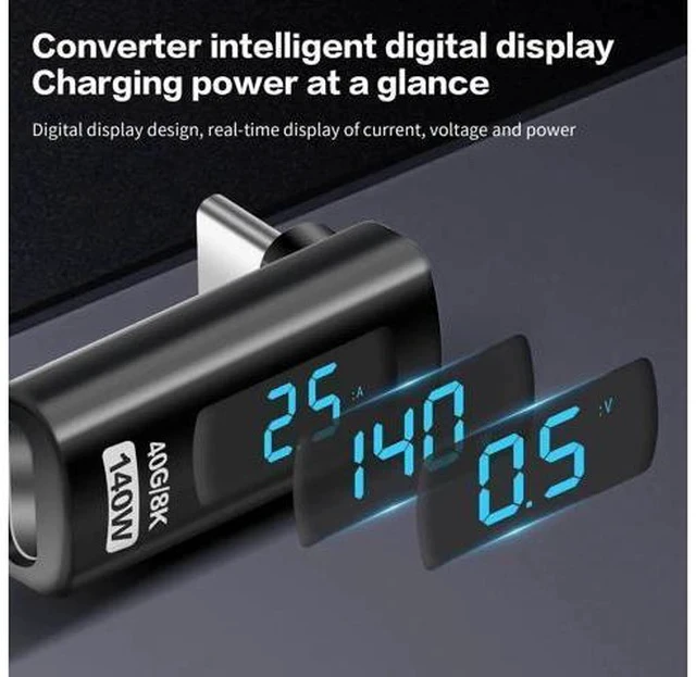 Alt view image 2 of 6 - 90 Degree L-Shaped USB-C Male to Female Adapter with LED Digital Display, 140W PD Fast Charging & 40Gbps Data Transfer, Real-Time Voltage Current Power Tester Detector