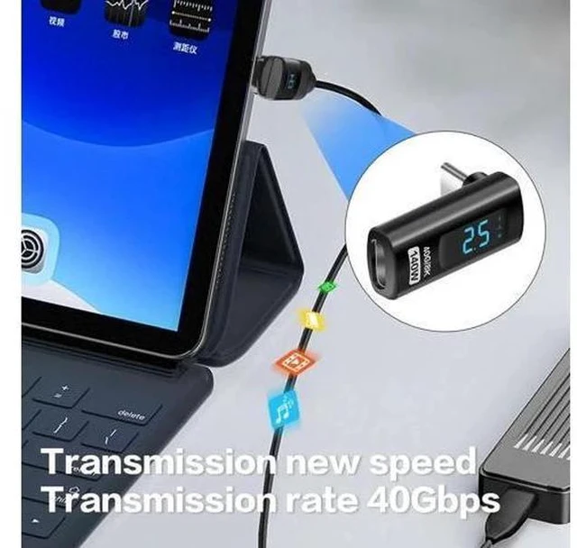 Alt view image 5 of 6 - 90 Degree L-Shaped USB-C Male to Female Adapter with LED Digital Display, 140W PD Fast Charging & 40Gbps Data Transfer, Real-Time Voltage Current Power Tester Detector