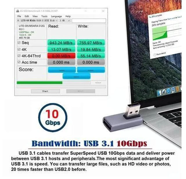 Alt view image 6 of 7 - Low Profile Right 90 Degree USB 3.0 Male to Female Extension Adapter, 10Gbps Super Speed USB-A Extender Supports Charging, Data & Video Transfer for Laptops, Docks, External SSDs