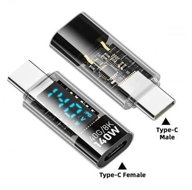 Alt view image 3 of 7 - Transparent USB4 Type-C Male to Female Extension Adapter with Smart LED Digital Power Tester, 40Gbps Bandwidth, 140W PD Charging Support Real-Time Voltage & Current Monitoring for USB4.0 Laptops, Dock