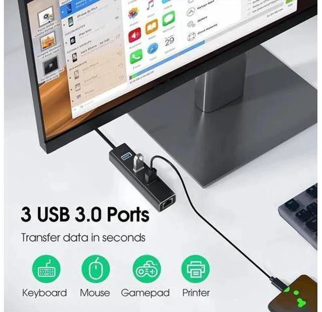 Alt view image 2 of 7 - 4-in-1 Aluminum USB 3.0 Hub with 3 USB 3.0 Ports + 1000Mbps Gigabit RJ45 Ethernet Adapter, Multi-Port USB Splitter Expander Dongle for Laptops & Desktops