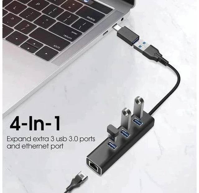 Alt view image 7 of 7 - 4-in-1 Aluminum USB 3.0 Hub with 3 USB 3.0 Ports + 1000Mbps Gigabit RJ45 Ethernet Adapter, Multi-Port USB Splitter Expander Dongle for Laptops & Desktops