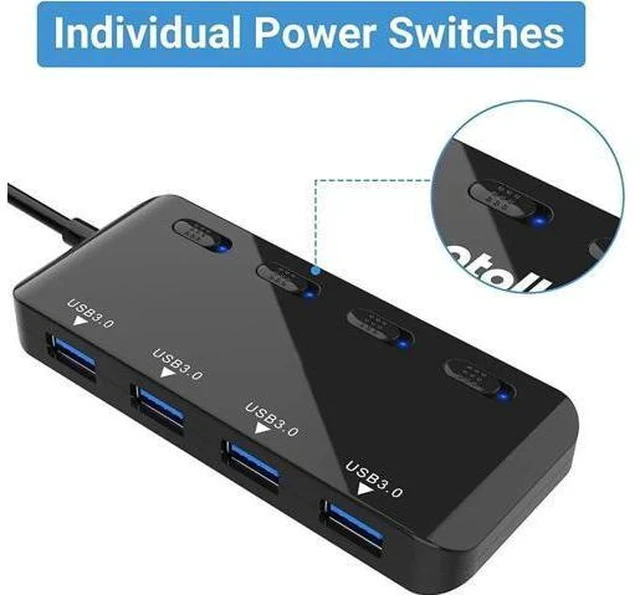Alt view image 3 of 7 - 4-Port USB 3.0 Hub with Independent LED Power Switches, Ultra Slim USB Splitter Extension Dock, Compatible with PC, MacBook, iMac, Surface Pro, USB Flash Drives and More