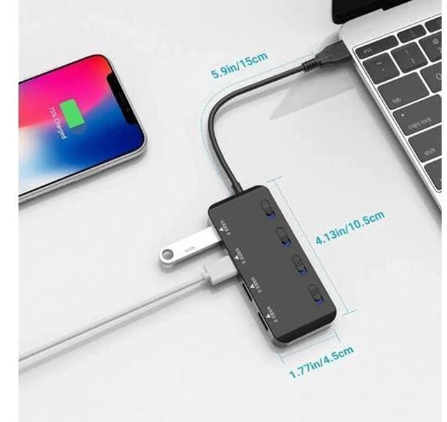 Alt view image 4 of 7 - 4-Port USB 3.0 Hub with Independent LED Power Switches, Ultra Slim USB Splitter Extension Dock, Compatible with PC, MacBook, iMac, Surface Pro, USB Flash Drives and More