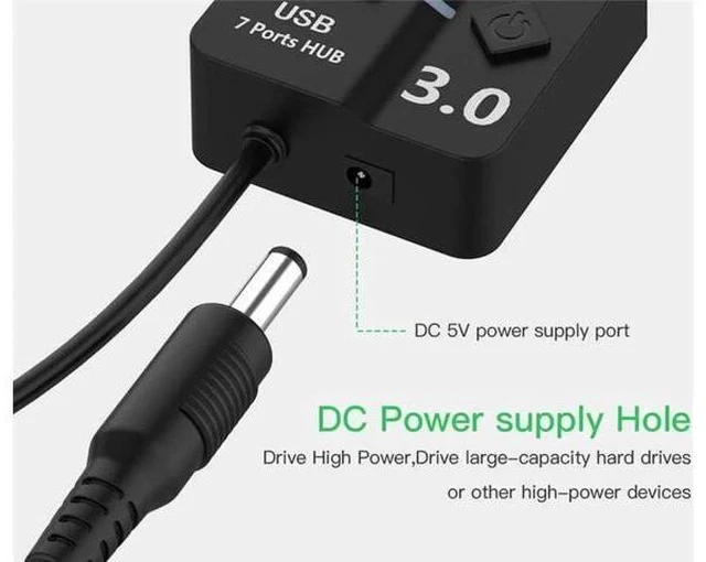 Alt view image 7 of 7 - 7-Port Powered USB 3.0 Hub, 5Gbps Super Speed External Multi Port Splitter, Black Powered USB Dock Compatible with Desktop PC, Mac, Laptops, Smartphones and Tablets