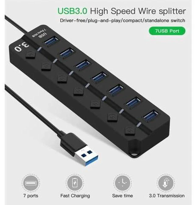 Alt view image 5 of 7 - 7-Port Powered USB 3.0 Hub, 5Gbps Super Speed External Multi Port Splitter, Black Powered USB Dock Compatible with Desktop PC, Mac, Laptops, Smartphones and Tablets