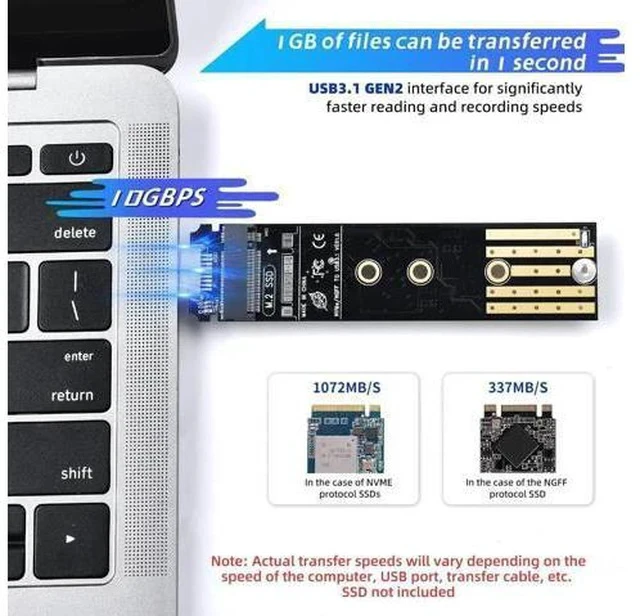 Alt view image 6 of 7 - Dual Protocol M.2 to USB Adapter Enclosure, USB3.1 Gen2 10Gbps, Supports NVMe M-Key & SATA B+M-Key SSD, UASP Accelerated, Up to 4TB, Fits 2230/2242/2260/2280