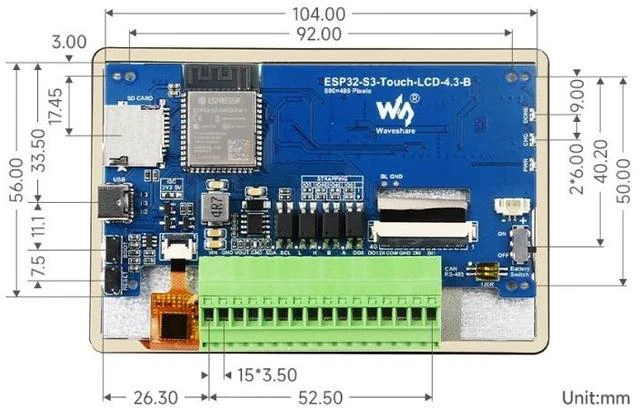 Alt view image 5 of 7 - ESP32-S3 4.3" Capacitive Touch Display Development Board with Case, 16MB Flash, LVGL Support, Rich IO Expansion