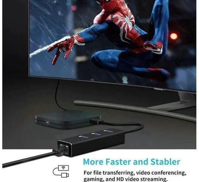 Alt view image 3 of 7 - Black Aluminum USB 3.0 Multiport Hub with 3×USB3.0 Ports & Gigabit RJ45 Ethernet Adapter, 10/100/1000 Mbps LAN Network Converter Compatible with MacBook, Ultrabook, Windows Laptops, Tablets & Linux Sy