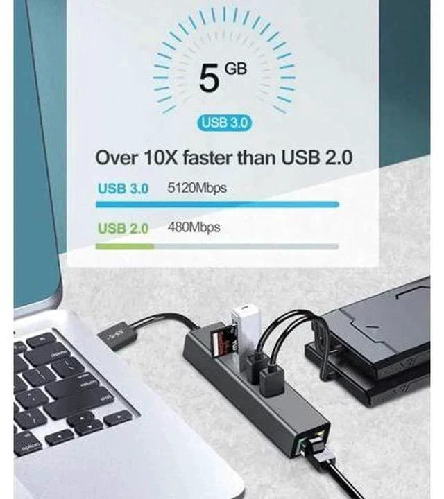 Alt view image 2 of 7 - Black Aluminum USB 3.0 Multiport Hub with 3×USB3.0 Ports & Gigabit RJ45 Ethernet Adapter, 10/100/1000 Mbps LAN Network Converter Compatible with MacBook, Ultrabook, Windows Laptops, Tablets & Linux Sy