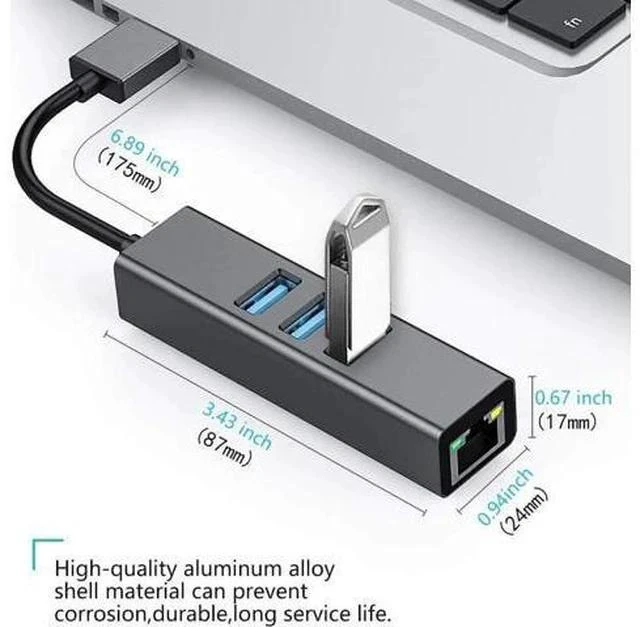 Alt view image 5 of 7 - Black Aluminum USB 3.0 Multiport Hub with 3×USB3.0 Ports & Gigabit RJ45 Ethernet Adapter, 10/100/1000 Mbps LAN Network Converter Compatible with MacBook, Ultrabook, Windows Laptops, Tablets & Linux Sy
