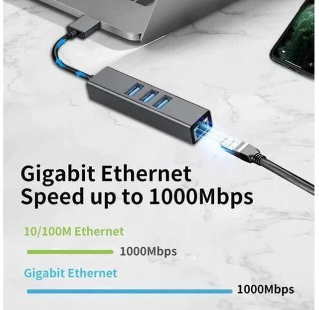 Alt view image 6 of 7 - Black Aluminum USB 3.0 Multiport Hub with 3×USB3.0 Ports & Gigabit RJ45 Ethernet Adapter, 10/100/1000 Mbps LAN Network Converter Compatible with MacBook, Ultrabook, Windows Laptops, Tablets & Linux Sy