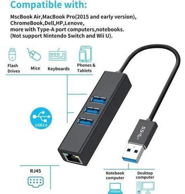 Alt view image 7 of 7 - Black Aluminum USB 3.0 Multiport Hub with 3×USB3.0 Ports & Gigabit RJ45 Ethernet Adapter, 10/100/1000 Mbps LAN Network Converter Compatible with MacBook, Ultrabook, Windows Laptops, Tablets & Linux Sy