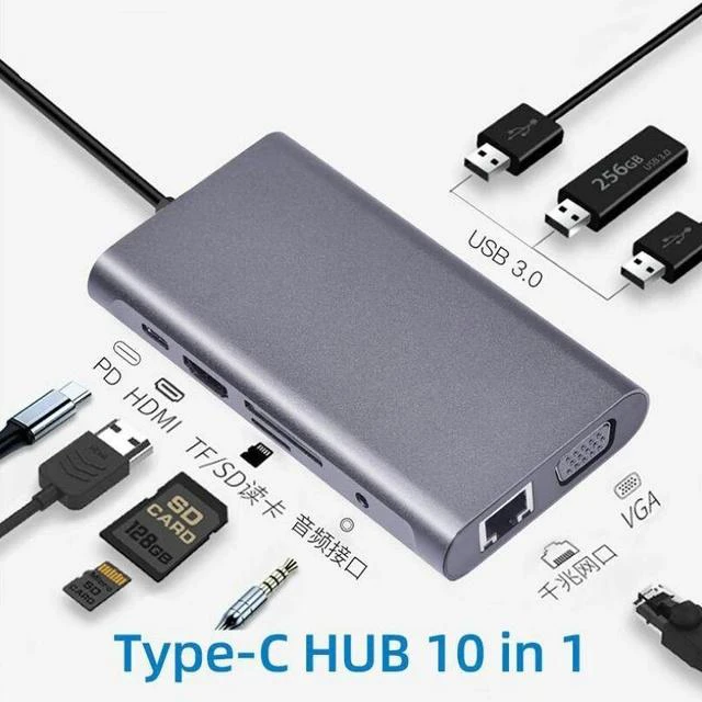 Main image of 10-in-1 Type-C Hub Docking Station 10-Port USB-C Adapter for MacBook / Laptop, Multi-Function Expansion with Gigabit Ethernet, SD/TF, HDMI, USB 3.0