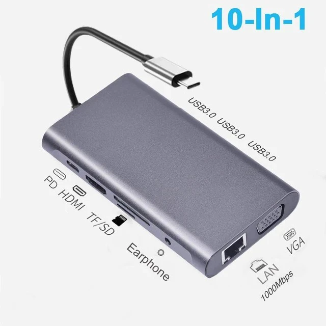 Alt view image 2 of 6 - 10-in-1 Type-C Hub Docking Station 10-Port USB-C Adapter for MacBook / Laptop, Multi-Function Expansion with Gigabit Ethernet, SD/TF, HDMI, USB 3.0