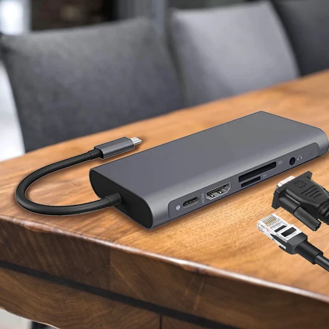 Alt view image 3 of 6 - 10-in-1 Type-C Hub Docking Station 10-Port USB-C Adapter for MacBook / Laptop, Multi-Function Expansion with Gigabit Ethernet, SD/TF, HDMI, USB 3.0