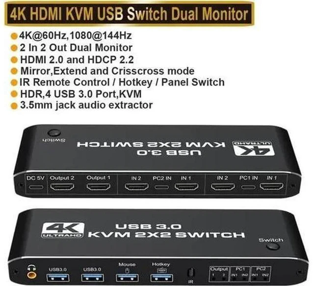 Main image of 2 Port Dual Monitor HDMI KVM Switch 4K@60Hz, USB 3.0 KVM Switcher for 2 PCs Share Dual Screens, Compatible with Laptop PS4 Xbox