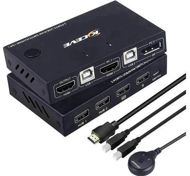 Main image of 2 Port DP+HDMI KVM Switch 4K@30Hz, Dual Input DisplayPort HDMI USB KVM Switcher with DP to HDMI Function, 2 PCs Share 1 Monitor Keyboard Mouse Printer
