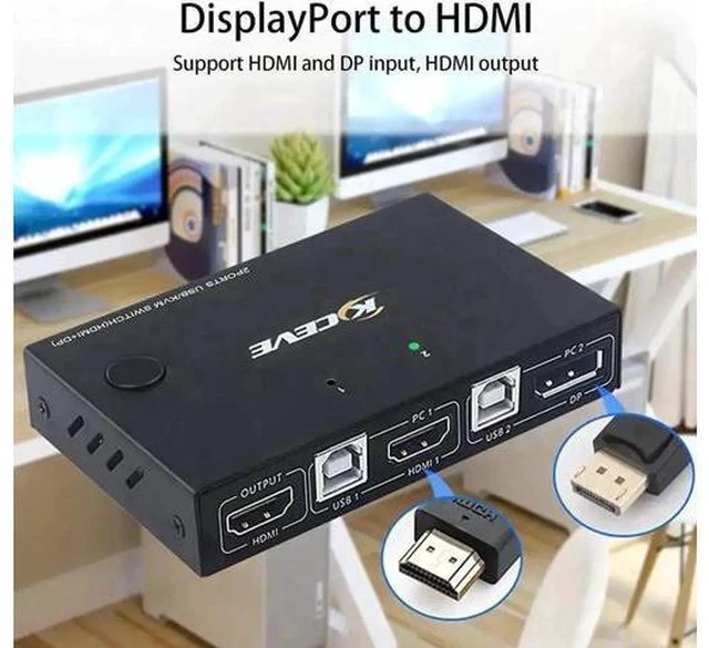 Alt view image 2 of 6 - 2 Port DP+HDMI KVM Switch 4K@30Hz, Dual Input DisplayPort HDMI USB KVM Switcher with DP to HDMI Function, 2 PCs Share 1 Monitor Keyboard Mouse Printer