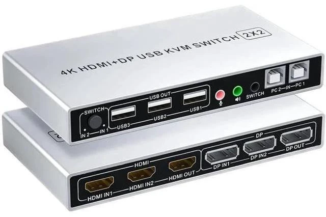 Main image of Vszerda Dual Monitor KVM Switch 2 In 2 Out, Hybrid DP+HDMI Input & Output 4K@60Hz KVM Switcher for 2 Computers Share Two Monitors