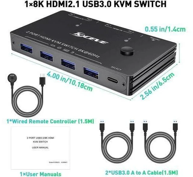 Alt view image 5 of 7 - 2-Port 8K HDMI KVM Switch, KCEVE USB 3.0 KVM Box, Support 8K@60Hz & 4K@120Hz, 2 PCs Share One Monitor, Keyboard & Mouse