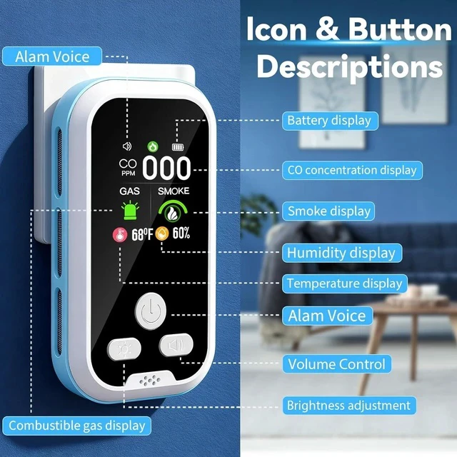 Alt view image 2 of 7 - 5 in1 Carbon Monoxide Detector Combo with HD Screen Monoxide Alarm, Detects CO, Natural Gas, Smoke, Temperature, and Humidity for Home, Apartment, Hotel, Camping RV Safety Gifts Idea