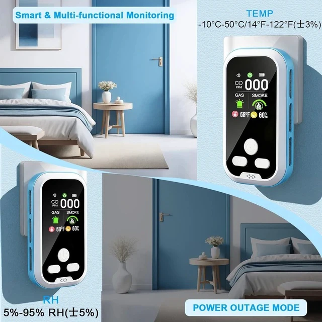 Alt view image 6 of 7 - 5 in1 Carbon Monoxide Detector Combo with HD Screen Monoxide Alarm, Detects CO, Natural Gas, Smoke, Temperature, and Humidity for Home, Apartment, Hotel, Camping RV Safety Gifts Idea