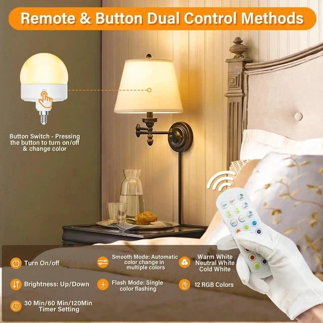 Alt view image 6 of 7 - VoltSyncE12 Rechargeable Light Bulb with Remote and Timer, 4000mAh Battery Backup Bulb for Sconces and Lamps, 3 Color Temperature+12 RGB Color,Dimmable, Magnetic Bulbs for Non-Hardwired Fixture,2 Pack