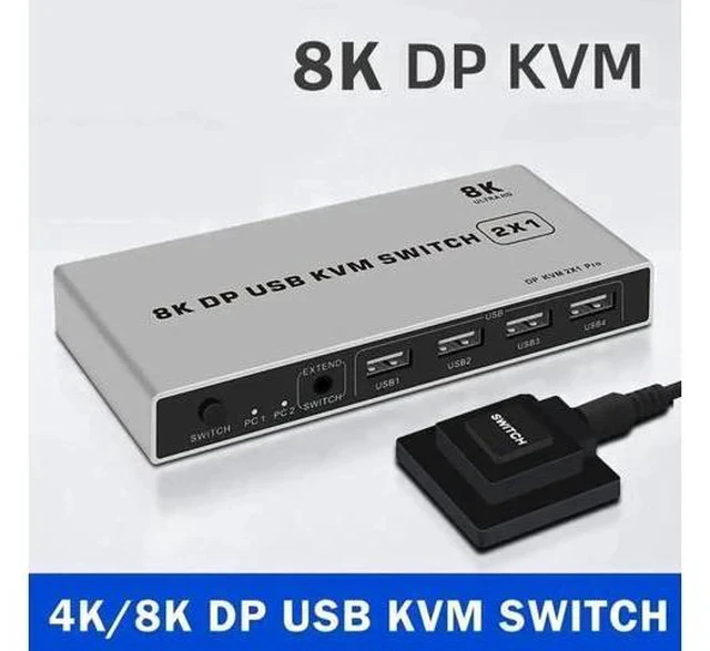 Alt view image 2 of 5 - 2 Port DisplayPort 1.4 KVM Switch, 8K@60Hz 4K@144Hz USB DP KVM Switcher for 2 PCs Share Monitor Keyboard Mouse