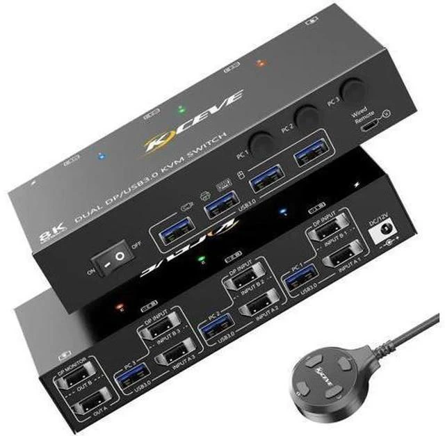 Main image of 3 Port Dual Monitor DP KVM Switch 8K@60Hz, 3 PCs Share 2 DP Screens, USB 3.0 KVM Switch for Keyboard Mouse Sharing