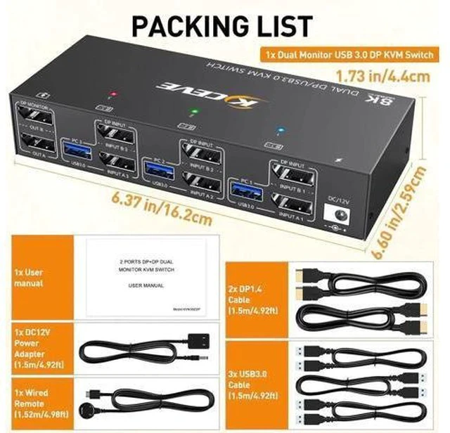 Alt view image 6 of 7 - 3 Port Dual Monitor DP KVM Switch 8K@60Hz, 3 PCs Share 2 DP Screens, USB 3.0 KVM Switch for Keyboard Mouse Sharing