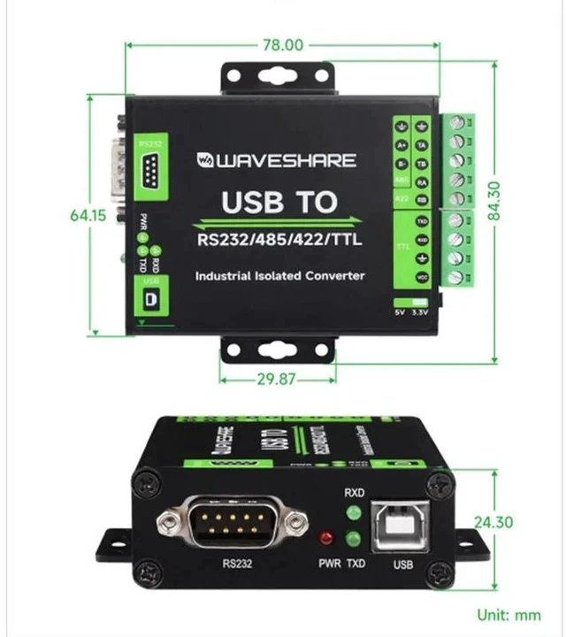Alt view image 5 of 6 - Industrial-Grade Isolated USB to RS232/485/422/TTL Converter USB-B Interface, FT232RNL Chip, Power & Signal Isolation, TVS Protection