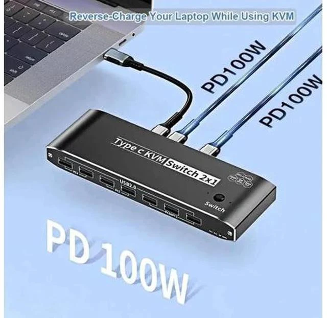Alt view image 7 of 7 - 2x1 USB-C KVM Switch, Thunderbolt 4 8K KVM Switch with RJ45 Ethernet Port, 100W PD Charging, 4K 144Hz Type-C KVM Switcher for 2 Computers Share 1 Monitor